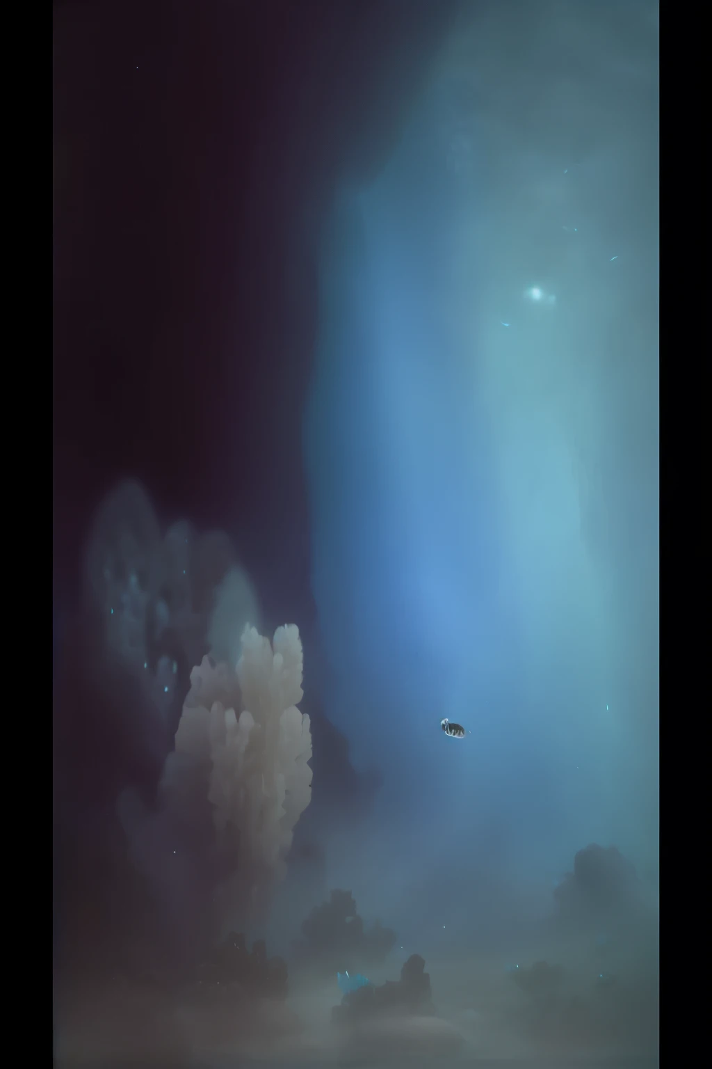 there is a large rock that is sitting on the ground, underwater smoke, underwater explosion, underwater in the ocean at night, deep sea picture, very deep sea, pov camera looking into the maw, an underwater alien ocean, underwater crystals, underwater looking up, deep under water, underwater psychedelic smoke, swimming deep underwater, a dark underwater scene, volumetric underwater lighting