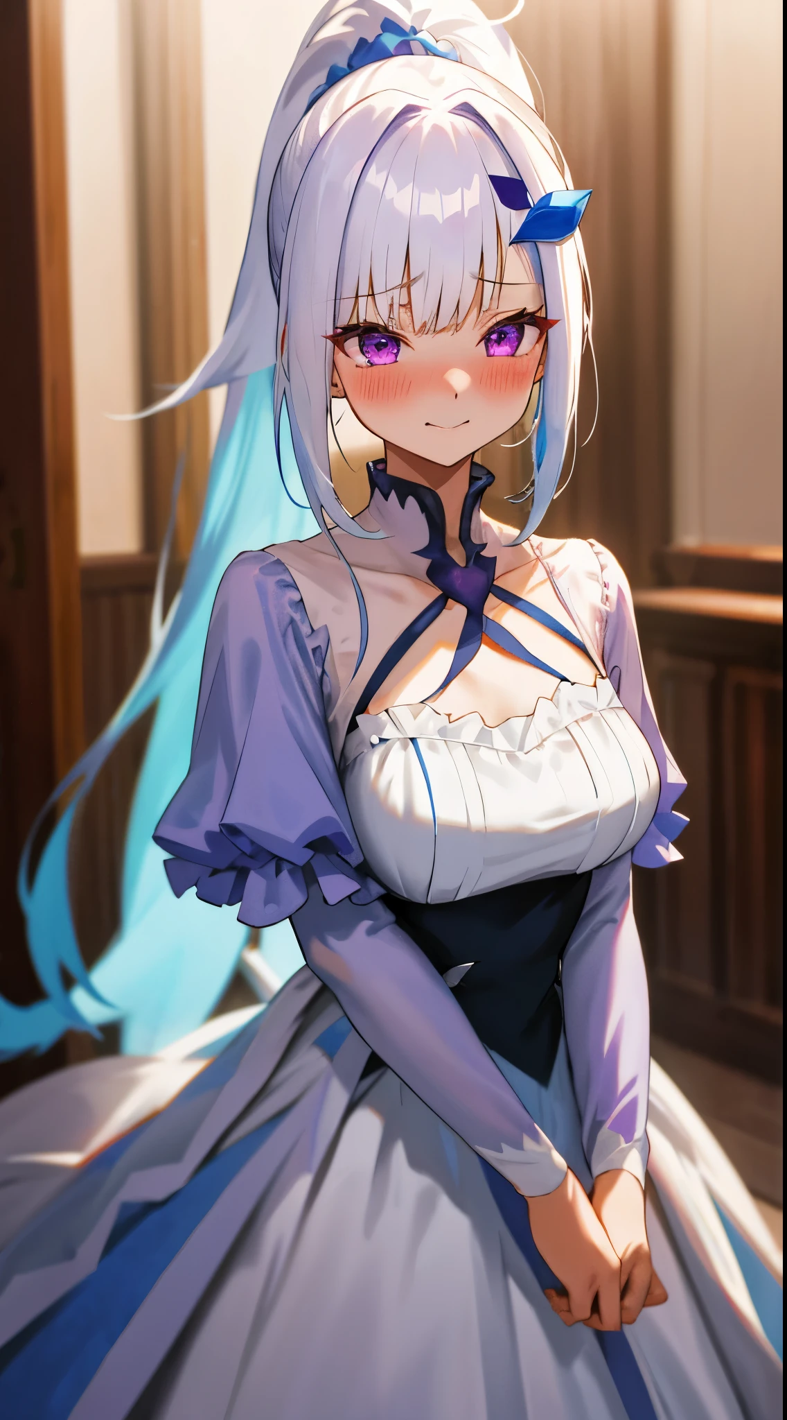 One girl with long hair, white hair, blue inner hair, purple eyes, looking away, indoor, inhouse, embarrassed, blushing, tears, angry, sweating, pubic visible, wedding dress, dress lift, nsfw, white panties, garter straps, medium breasts, naked, perfect waist, thigh, standing on back, legs spread, wet, nsfw, day atmosphere, hair ornament, standing, sweating, from below
