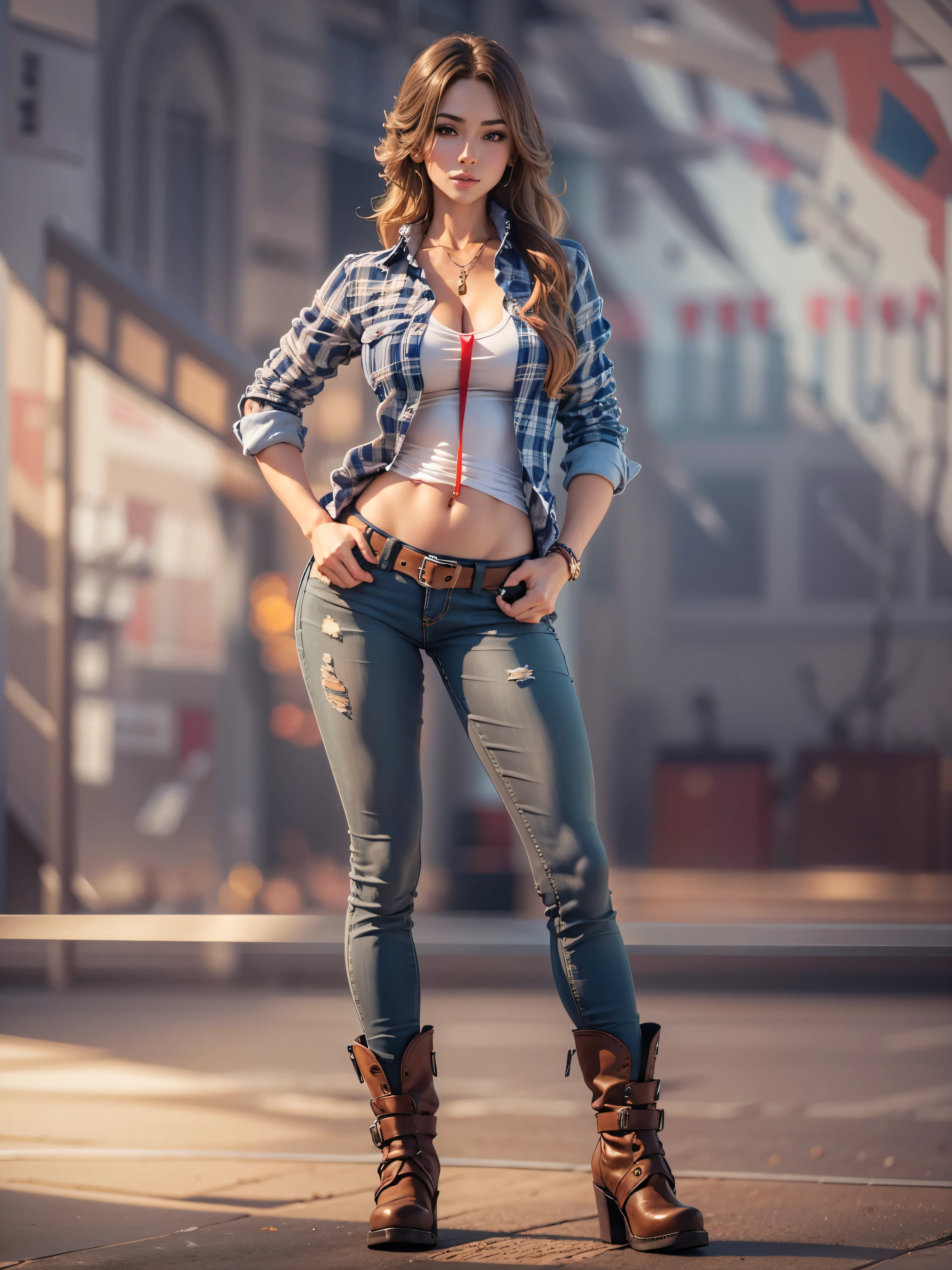 Masterpiece, art, full body shot, young beautiful woman, flawless skin, textured skin, very large firm breasts, perfect proportions, cowgirl, plaid shirt, jeans, boots, anime, sexy, erotic, UHD resolution, realistic detail, realistic reflections, realistic shadows, 3D,