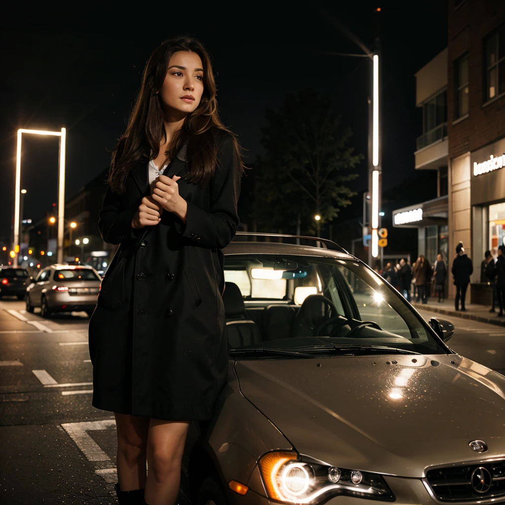 One jung husband wash the car outside, she has bright brown hair, german, atmospharic sight, cinematic lights, movielook, evening, candelight, citylight, car ((high quality)), ((best quality)), ((realistic)),