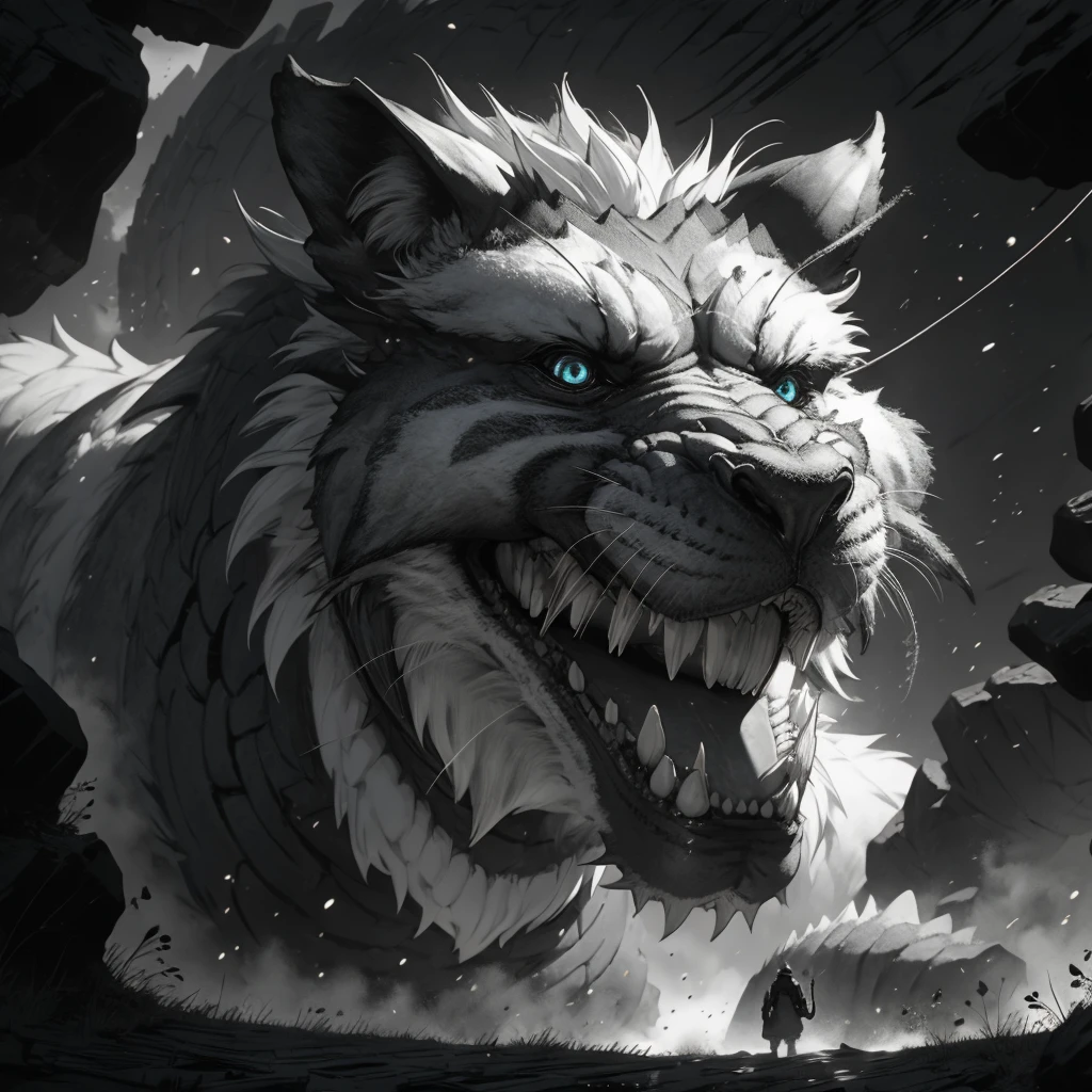 (coal risks), (thick pencil), (strong trait), ("Cave Canem"), An illustration of a mythological beast with scary eyes, drooling from the tongue and showing bloody teeth. The dog has long hair. Pano de fundo obscuro, rabiscado, em folha de papel antiga. Monochromatic color scale, Graphite pencil drawing with thick tip, coal lines, monochrome.
