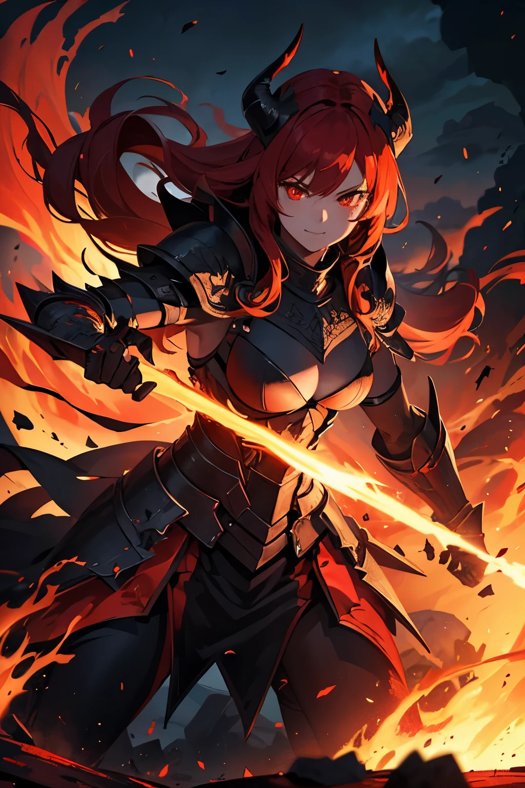 (high quality, detailed, realistic:1.2), demonic general, black flames armor, intense gaze, powerful presence, battlefield scene, glowing red eyes, menacing smile, flowing fiery hair, intricate armor design, smoky tendrils emerging from armor, dark and ominous atmosphere, dynamic and action-packed composition, epic battle between good and evil, sparks and embers flying, dramatic lighting, war-torn landscape with ruins and destruction, billowing smoke and ash, energetic brush strokes, vibrant colors with emphasis on red and black, dark and fiery color palette horns on the head.