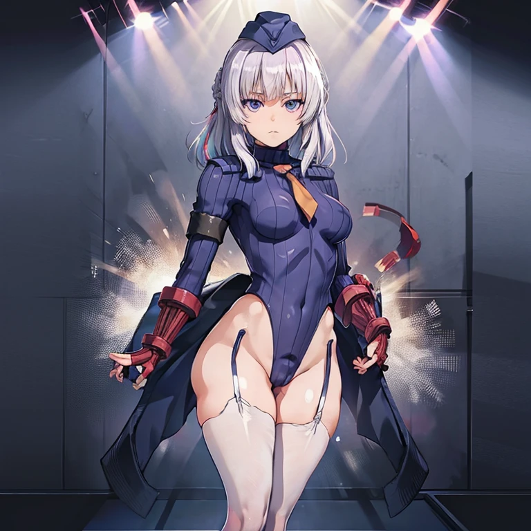 ultra-detailed, Explicit, Beautiful body, Beautiful Nose, Beautiful character design, perfect eyes, perfect face, ultra highres, 4K, beautiful legs, perfect legs, perfect anatomy, Nice hands, Perfect hand, Masterpiece, Best Quality, Highly detailed, illustration, absurdres, street fighter, doll suit, shadaloo doll, dollsuit, expressionless, blank eyes, looking at viewer, red gloves, emotionless, black latex, corrution, mind control, female combatant, full body, hypnotized, unhappy trance, full body suit, ribbed bodysuit, both arms at side, obey, perfect female body, extremely glossy latex, hypnosis, hypnoLora, empty eyes, Mind control device, poses, submissive_pose, Slave, hat, necktie, stand up straight, standing, standing at attention, hat, necktie, belt, latex, ribbed bodysuit, thighhighs, garter belt, Fighting Stance, military, thigh boots, 1girl, solo, Sakayanagi Arisu, Classroom of the Elite, staff, white hair, purple eyes, medium hair, braids, hair ornaments