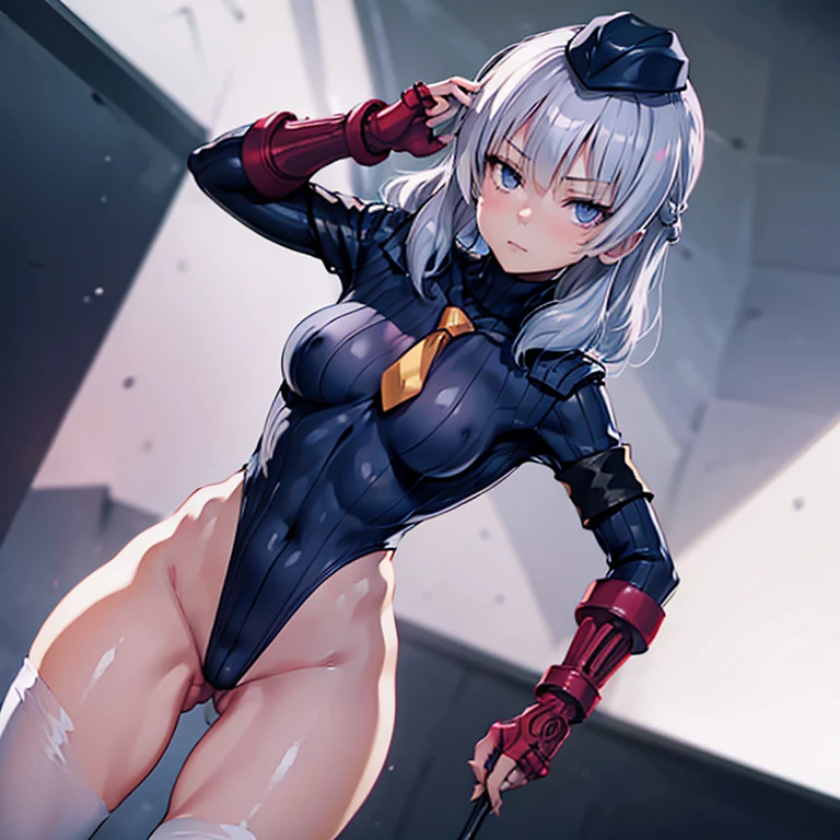 ultra-detailed, Explicit, Beautiful body, Beautiful Nose, Beautiful character design, perfect eyes, perfect face, ultra highres, 4K, beautiful legs, perfect legs, perfect anatomy, Nice hands, Perfect hand, Masterpiece, Best Quality, Highly detailed, illustration, absurdres, street fighter, doll suit, shadaloo doll, dollsuit, expressionless, blank eyes, looking at viewer, red gloves, emotionless, black latex, corrution, mind control, female combatant, full body, hypnotized, unhappy trance, full body suit, ribbed bodysuit, both arms at side, obey, perfect female body, extremely glossy latex, hypnosis, hypnoLora, empty eyes, Mind control device, poses, submissive_pose, Slave, hat, necktie, stand up straight, standing, standing at attention, hat, necktie, belt, latex, ribbed bodysuit, thighhighs, garter belt, Fighting Stance, military, thigh boots, 1girl, solo, Sakayanagi Arisu, Classroom of the Elite, staff, white hair, purple eyes, medium hair, braids, hair ornaments