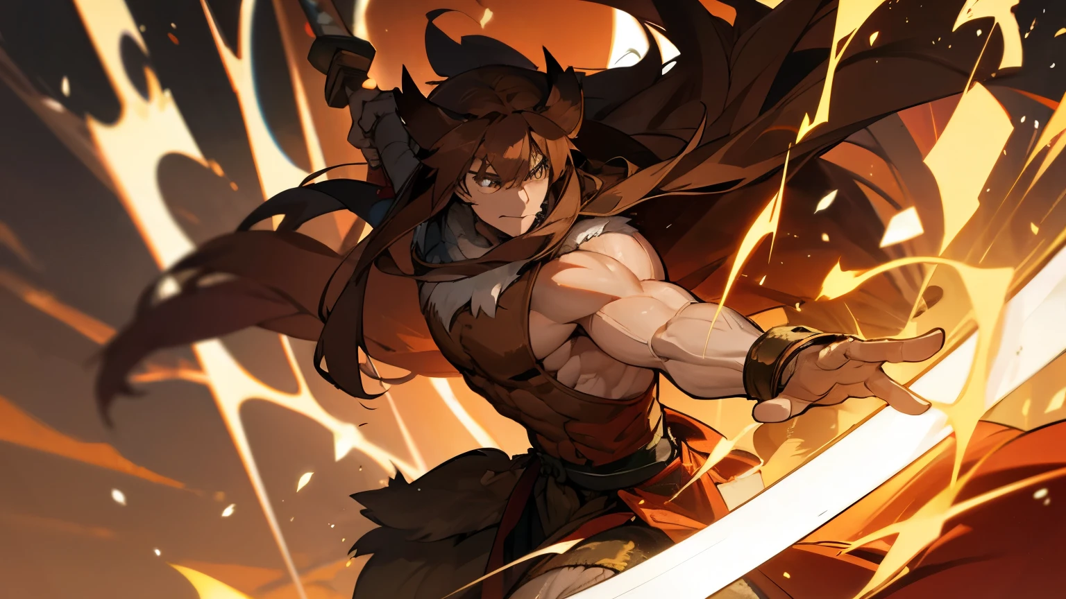 beastman, muscular man with wooden sword, long brown hair, wind mage, demonstrates striking techniques