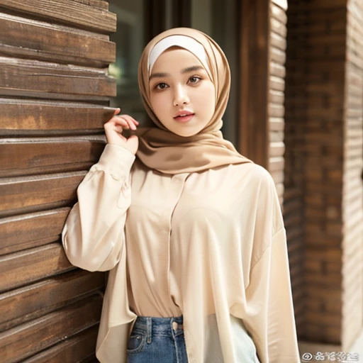 shy stance, smiling, very shy, (realistic photos of Hijab Korean female, slightly smile,expressive eyes,eye makeup,lake background,standing posture,confident attitude,Eye-Level Shot, slightly blurry background,UHD,masterpiece:1.2,highres,16k), long Jeans, black, fluffy jacket