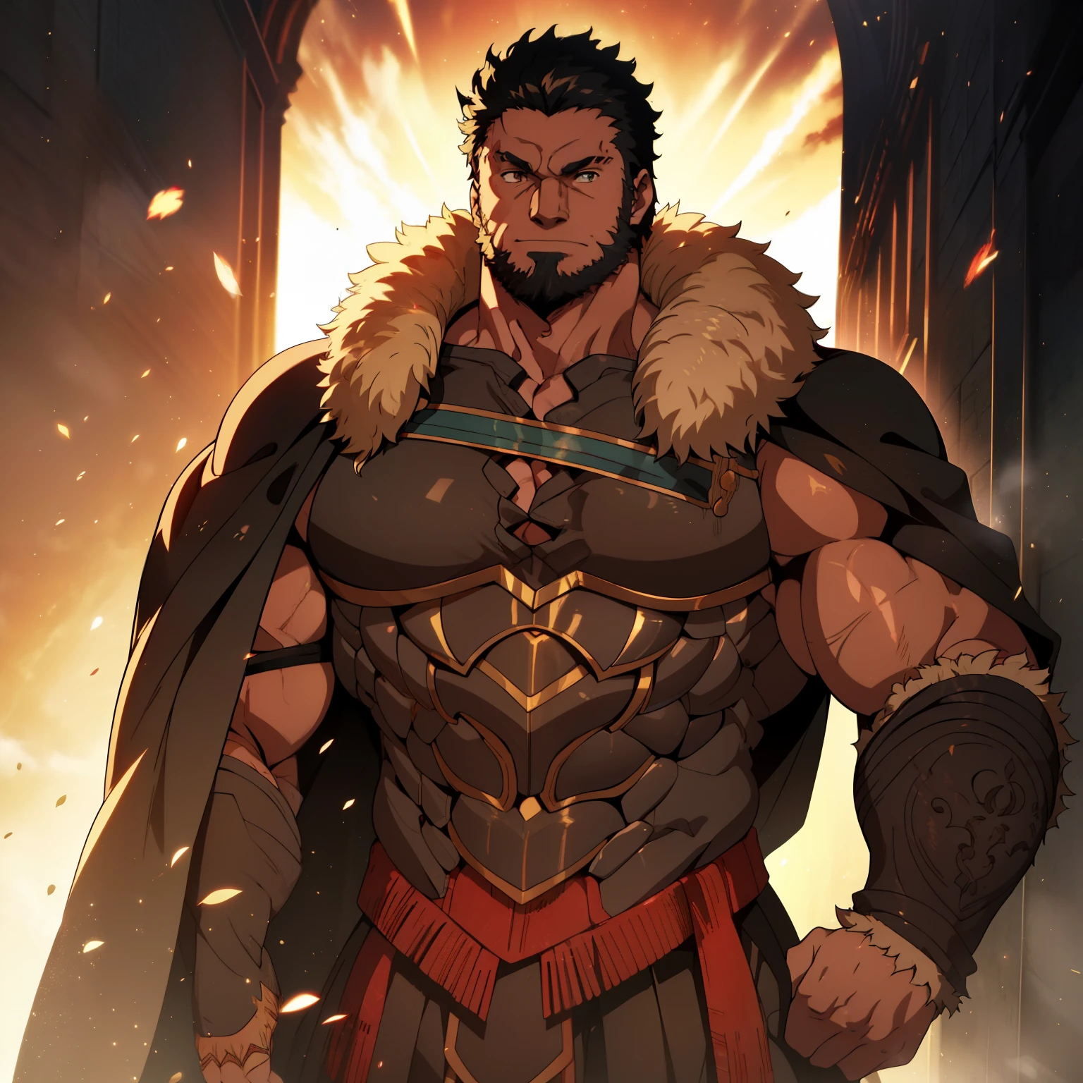 Anime, Um homem alpha poderoso, perverso, nervoso, 40 years old, rei supremo, lorde imponente, wearing very tight black robe and armor, large pectorals, muscular chest, olhando para o espectador, pose sexy, facial expression of hatred, olhos de cor vermelha, black hair and beard, ambiente iluminado por magia flamejante, Obra-prima maravilhosa altamente detalhada, beautiful cinematic light deep focus, elegante, pintura digital, liso, sharp focus, golden ratio, dramatic lighting, 8k, pixiv, bara