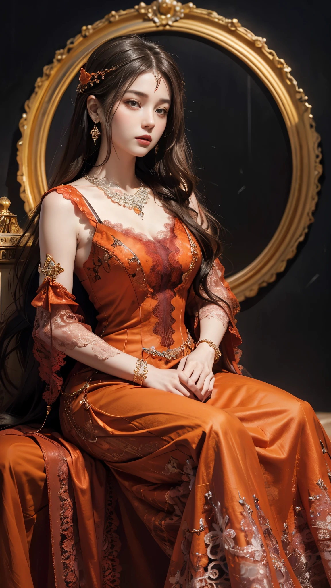  (masterpiece, best quality, highres, ultra-detailed),(beautiful and aesthetic:1.2), 1woman, adult woman, black wavy hair, green eyes, languid, delicate face,(slight smile:0.8), detailed eyes and face, perfect body, full body, red lips, beautiful make-up, wearing Muumuu Dress, indoors, soft lighting, full body, intricate details, cozy atmosphere