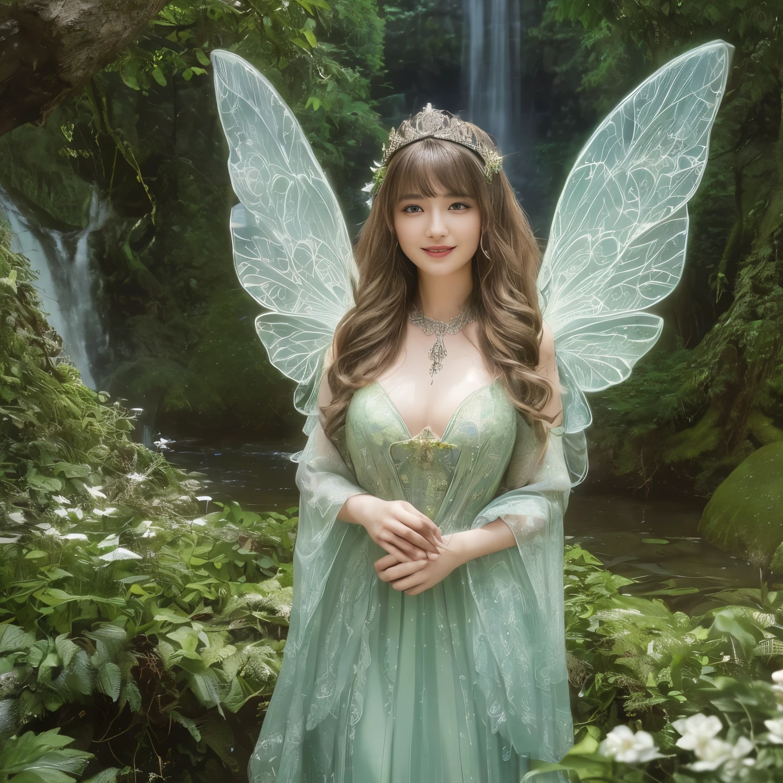 ((pieces fly、highest quality、8k、very detailed and intricate details、The most complex and detailed textures、ultra high resolution、bright and gentle lighting、the mildest texture、the smoothest texture))、(beautiful waterfall in the background:1.3)、(Very delicate and intricately shining wings:1.2)、(Fairy wings with very intricate patterns:1.2)、(fairy tale、The most extravagant and divine light green wedding dress:1.2)、((最も美しいfairy taleの森の王子様 fairy taleのお姫様、High chroma、fantasyに輝く妖精の羽、fairy tale輝きを放ちます、The finest dress with elaborate decoration.、輝く透明なfairy tale wingantastic, fairy taleの光、Against the backdrop of a complex and sacred forest、mysterious tree、優しいfairy taleの光、fairy taleの輝き、fairy tale雰囲気、fantasy、the most intricate and sacred dress、the most beautiful spirit in the world、The Spirit of God'glorias、Accurate reproduction of the perfect spirit down to the last detail、The most intricate and detailed forest、The most sacred and luxurious princess dress、 calm and full of light、gorgeous tiara and necklace、A forest full of sacred light、fantasy、overgrown tree々々、A forest surrounded by sacred light、She has a very calm and bright beautiful face....,Half Japanese and half Russian、Beautiful smile、beautiful wavy hair、the most luxurious and intricate dresses、smile while looking at the camera、turned into slime、big and full breasts))