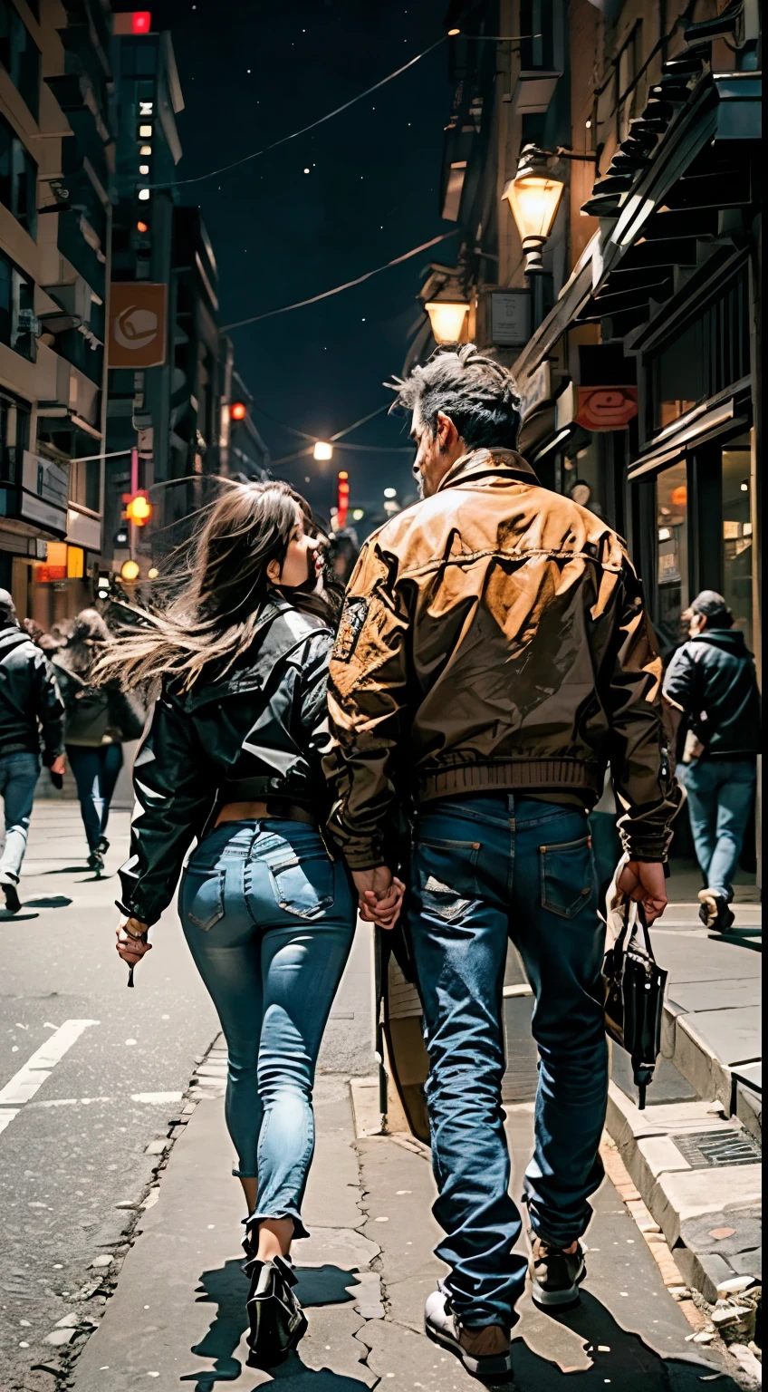 couple, full body, low back view, handsome older man, athletic build, jacket and jeans, hugging his younger girlfriend, long hair, brown, jeans, walking in the city at night.