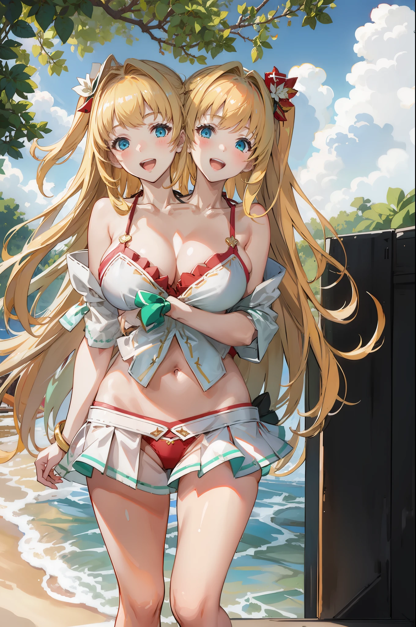 (two heads:1.4), masterpiece, best quality, absurdres, 1girl, mir1nb, white bikini, hair ornament, red panties, green bikini skirt, wide sleeves, single side thight strap, oil- umbrella, sandals, :D