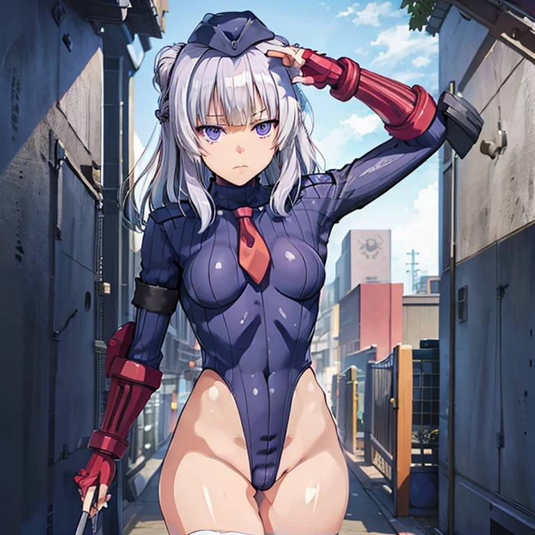 ultra-detailed, Explicit, Beautiful body, Beautiful Nose, Beautiful character design, perfect eyes, perfect face, ultra highres, 4K, beautiful legs, perfect legs, perfect anatomy, Nice hands, Perfect hand, Masterpiece, Best Quality, Highly detailed, illustration, absurdres, street fighter, doll suit, shadaloo doll, dollsuit, expressionless, blank eyes, looking at viewer, red gloves, emotionless, black latex, corrution, mind control, female combatant, full body, hypnotized, unhappy trance, full body suit, ribbed bodysuit, both arms at side, obey, perfect female body, extremely glossy latex, hypnosis, hypnoLora, empty eyes, Mind control device, poses, submissive_pose, Slave, hat, necktie, stand up straight, standing, standing at attention, hat, necktie, belt, latex, ribbed bodysuit, thighhighs, Fighting Stance, military, thigh boots, 1girl, solo, Sakayanagi Arisu, Classroom of the Elite, staff, white hair, purple eyes, medium hair, braids, hair ornaments
