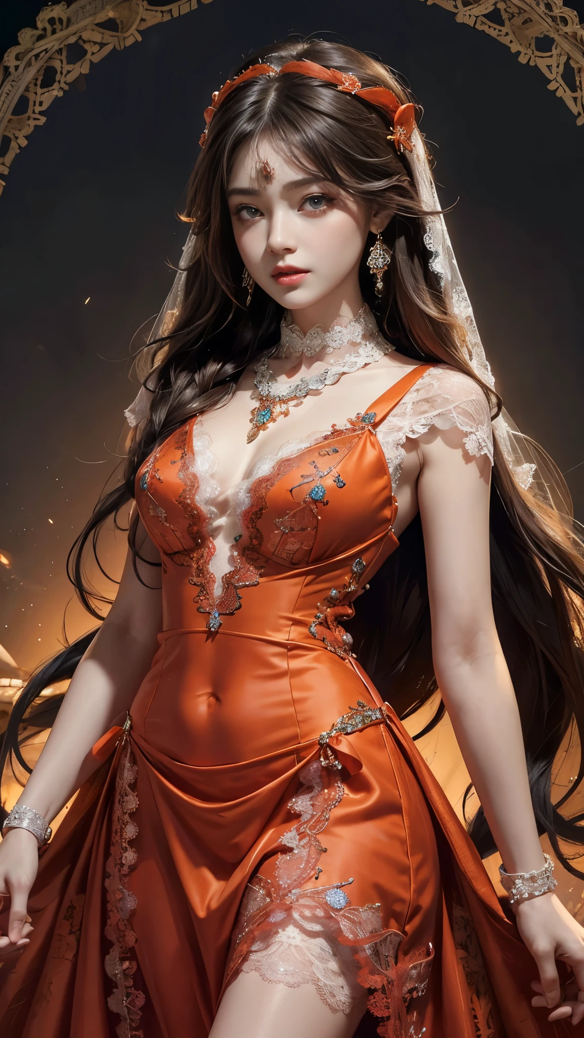 8K, ultra HD, Masterpiece, 1 girl, good face, very long hair, spreading hair, detailed eyes, lovely lips, shining orange dress, decorated dress, strap dress, (lace:1.5), (jewellery:1.5), night background,