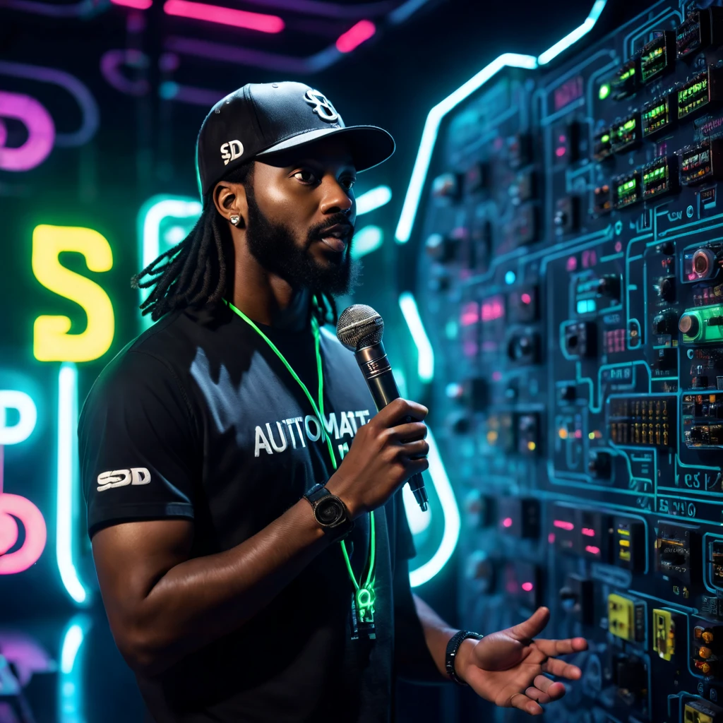 cinematic ((half body)) portrait photo of an afro american 30 y.o. trip-hop rap singer male with ((long)) black rasta hair and mustache and round beard ((speaking in a microphone)) in front of a (((futuristic circuit board tunnel, neon signs, neon lights, in perspective view))), wearing (baseball cap ((with text SD )): 1.32) and a (t-shirt ((with the words AUTOMATIC)): 1.32),RealHuman Hands,realistic perfect hands and fingers,(fix_hands),(( standing in various poses)), Award - winning photograph, Masterpiece, 8k, ultra high res, hyper detailed, perfect face, rule of thirds, Realistic Perfect eyes, Perfect pupils and iris, (perfectly round iris:1) perfect full lips, Perfect teeth, perfect upturned nose, highly detailed hair, ((detailed facial features)), (detailed skin), realistic skin texture, extreme skin details, (pores:0.1),(sweaty:0.8), insane details, intricate details, amazing fine detail, photorealistic, photograph, photorealism, rich colors, lifelike textures, neutral colors, Soft front light,cinematic lighting, dramatic lighting,dappled light on face, backlight on hair, sharp focus, wide angle, film grain, dslr, raw photo, photographed on Nikon
