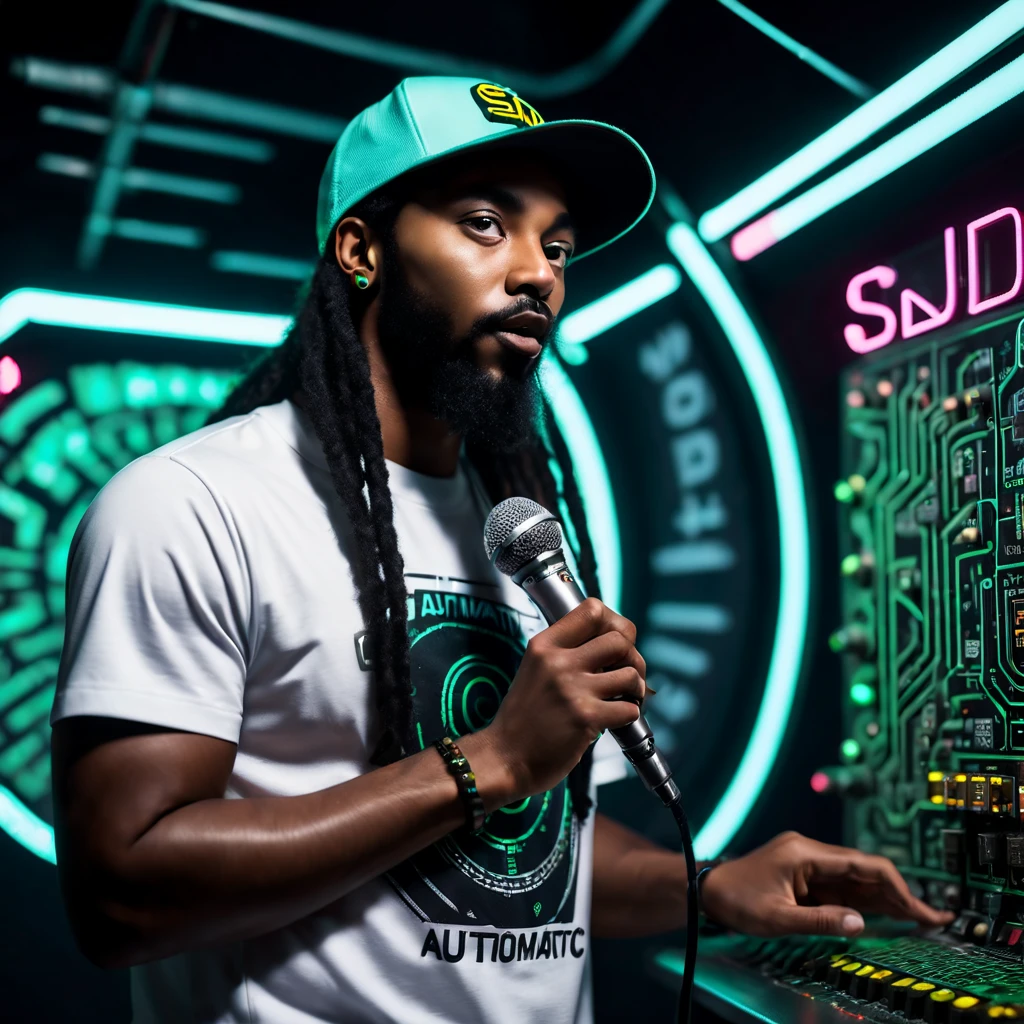 cinematic ((half body)) portrait photo of an afro american 30 y.o. trip-hop rap singer male with ((long)) black rasta hair and mustache and round beard ((speaking in a microphone)) in front of a (((futuristic circuit board tunnel, neon signs, neon lights, in perspective view))), wearing (baseball cap ((with text SD )): 1.32) and a (t-shirt ((with the words AUTOMATIC)): 1.32),RealHuman Hands,realistic perfect hands and fingers,(fix_hands),(( standing in various poses)), Award - winning photograph, Masterpiece, 8k, ultra high res, hyper detailed, perfect face, rule of thirds, Realistic Perfect eyes, Perfect pupils and iris, (perfectly round iris:1) perfect full lips, Perfect teeth, perfect upturned nose, highly detailed hair, ((detailed facial features)), (detailed skin), realistic skin texture, extreme skin details, (pores:0.1),(sweaty:0.8), insane details, intricate details, amazing fine detail, photorealistic, photograph, photorealism, rich colors, lifelike textures, neutral colors, Soft front light,cinematic lighting, dramatic lighting,dappled light on face, backlight on hair, sharp focus, wide angle, film grain, dslr, raw photo, photographed on Nikon