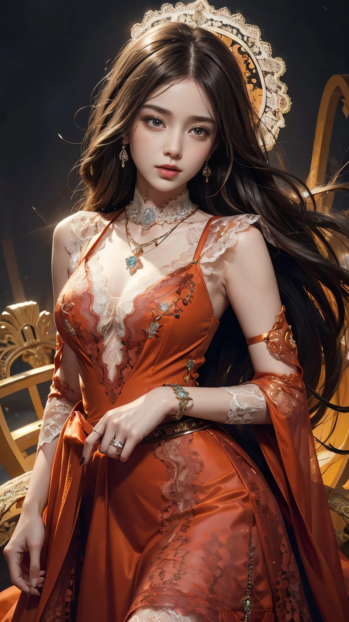 8K, ultra HD, Masterpiece, 1 girl, good face, very long hair, spreading hair, detailed eyes, lovely lips, shining orange dress, decorated dress, strap dress, (lace:1.5), (jewellery:1.5), night background,