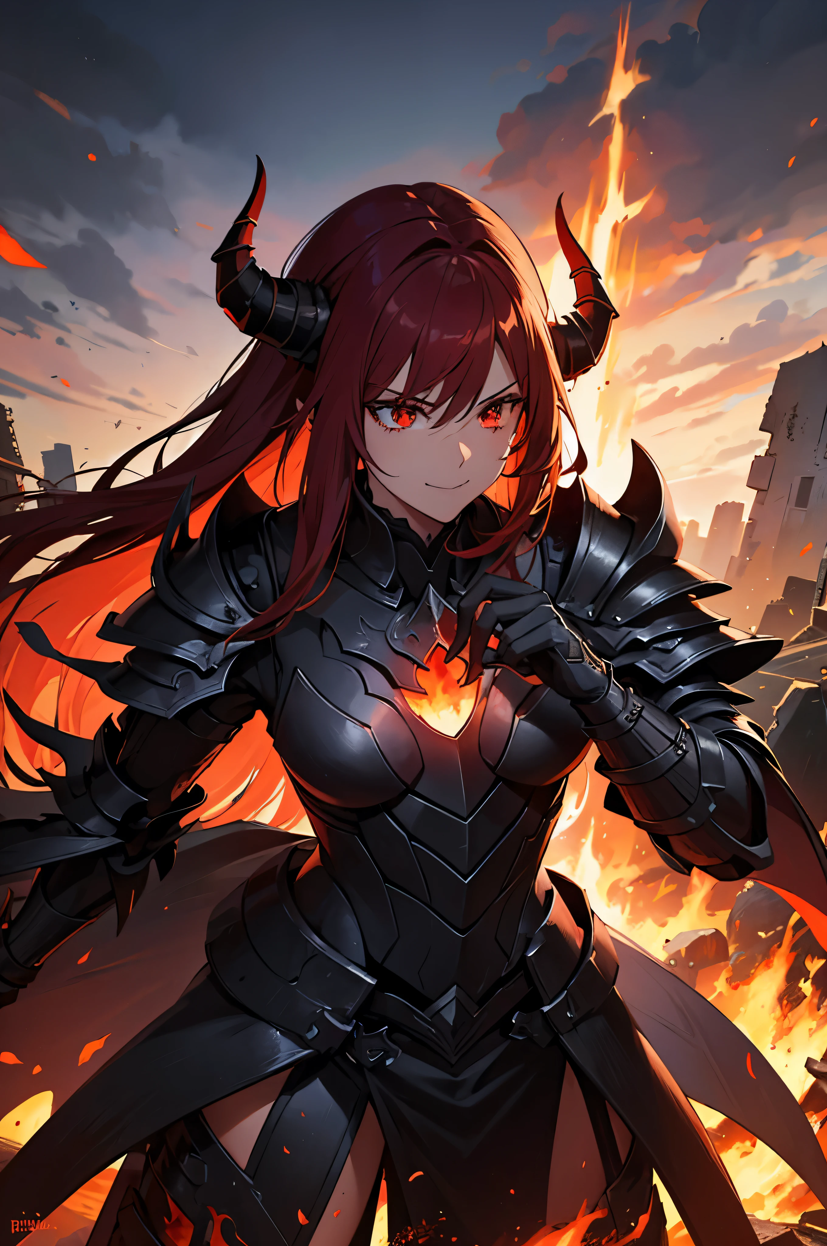 (high quality, detailed, realistic:1.2), demonic general, black flames armor, intense gaze, powerful presence, battlefield scene, glowing red eyes, menacing smile, flowing fiery hair, intricate armor design, smoky tendrils emerging from armor, dark and ominous atmosphere, dynamic and action-packed composition, epic battle between good and evil, sparks and embers flying, dramatic lighting, war-torn landscape with ruins and destruction, billowing smoke and ash, energetic brush strokes, vibrant colors with emphasis on red and black, dark and fiery color palette horns on the head.
