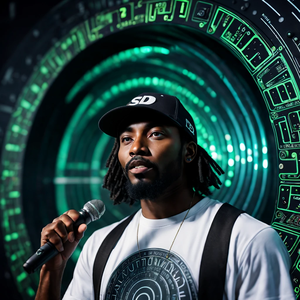 cinematic ((half body)) portrait photo of an afro american 30 y.o. trip-hop rap singer male with ((long)) black rasta hair and mustache and round beard ((speaking in a microphone)) in front of a (((futuristic circuit board tunnel, in perspective view))), wearing (baseball cap ((with text SD )): 1.32) and a (t-shirt ((with the words AUTOMATIC)): 1.32),RealHuman Hands,realistic perfect hands and fingers,(fix_hands),(( standing in various poses)), Award - winning photograph, Masterpiece, 8k, ultra high res, hyper detailed, perfect face, rule of thirds, Realistic Perfect eyes, Perfect pupils and iris, (perfectly round iris:1) perfect full lips, Perfect teeth, perfect upturned nose, highly detailed hair, ((detailed facial features)), (detailed skin), realistic skin texture, extreme skin details, (pores:0.1),(sweaty:0.8), insane details, intricate details, amazing fine detail, photorealistic, photograph, photorealism, rich colors, lifelike textures, neutral colors, Soft front light,cinematic lighting, dramatic lighting,dappled light on face, backlight on hair, sharp focus, wide angle, film grain, dslr, raw photo, photographed on Nikon