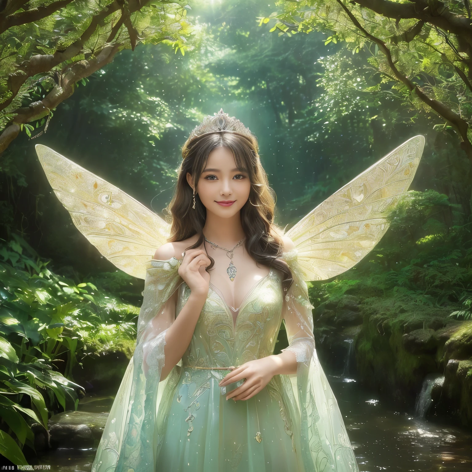 ((pieces fly、highest quality、8k、very detailed and intricate details、The most complex and detailed textures、ultra high resolution、bright and gentle lighting、the mildest texture、the smoothest texture))、(beautiful waterfall in the background:1.3)、(Very delicate and intricately shining wings:1.2)、(Fairy wings with very intricate patterns:1.2)、(fairy tale、The most extravagant and divine light green wedding dress:1.2)、((最も美しいfairy taleの森の王子様 fairy taleのお姫様、High chroma、fantasyに輝く妖精の羽、fairy tale輝きを放ちます、The finest dress with elaborate decoration.、輝く透明なfairy tale wingantastic, fairy taleの光、Against the backdrop of a complex and sacred forest、mysterious tree、優しいfairy taleの光、fairy taleの輝き、fairy tale雰囲気、fantasy、the most intricate and sacred dress、the most beautiful spirit in the world、The Spirit of God'glorias、Accurate reproduction of the perfect spirit down to the last detail、The most intricate and detailed forest、The most sacred and luxurious princess dress、 calm and full of light、gorgeous tiara and necklace、A forest full of sacred light、fantasy、overgrown tree々々、A forest surrounded by sacred light、She has a very calm and bright beautiful face....,Half Japanese and half Russian、Beautiful smile、beautiful wavy hair、the most luxurious and intricate dresses、smile while looking at the camera、turned into slime、big and full breasts))