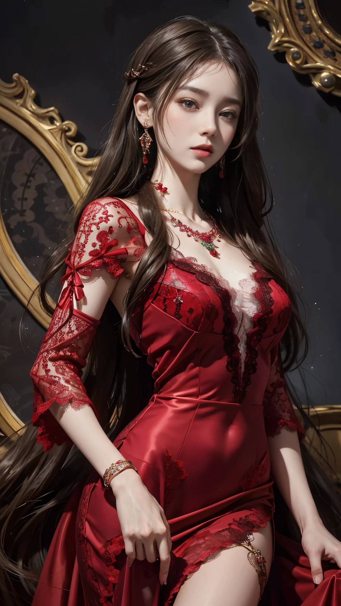 8K, ultra HD, Masterpiece, 1 girl, good face, very long hair, spreading hair, detailed eyes, lovely lips, shining red dress, decorated dress, strap dress, (lace:1.5), (jewellery:1.5), night background,