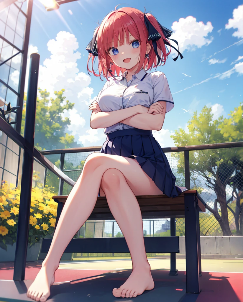 absurdres, highres,
BREAK
looking at viewer, cowboy shot, (from below:1.5)
BREAK
(vivid-color:1.3)
BREAK
(one girl:1.3), (:1.2),red hair, blue eyes, tennis uniform, hairclip, earrings, jewelry, nm1, hair ribbon, short hair, tennis , (pleated super short skirt:1.4), (thighs:1.3), large breasts, (evil smile:1.3), open mouth, (folding one's arms:1.3), (breast:1.3), round eyelowing in the wind:0.5), sweat around girl, dripping sweat, (((Very pretty panties))), (sit on a bench:1.3), (bare feet:1.3), (foot focas:1.2),(two feet:1.3), (crossed legs), looking down, looking at viewer, perfect foot, (emphasis on the soles of the feet1.3), from below ceiling, breath, pov, (shiny skin:1.1), squall (wind:1.2), sense of speed, refreshing breeze, motion blur effect, wind
BREAK
background is (tennis court:1.3), (Stand in the center of the screen:1.3), (10,000 people spectators:1.3), multiple people behind you, blue sky with clouds, outdoors, (magnificent panorama view:1.2), wind
BREAK
sunlight, magnificent view, rainbow in the sky, light particles, dynamic angle, dutch angle, perspective
BREAK
(daytime, sunbeam:1.2), depth of field, bokeh, light leaks, (chromatic aberration:1.2), noon
BREAK