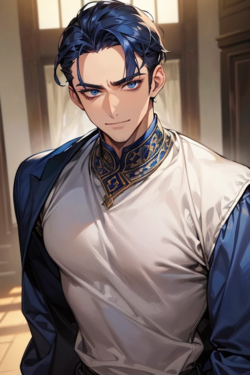 ((muste piece)), ((best quality)), ((brown skin)), ((dark blue eyes)), ((Dark blue hair))、handsome man , ((very very short hair、No bangs、Forehead)), masculine、tall、sexy、Adult man、Three white eyes、handsome man、Kowamote、firmly、muscular、broad shoulders、fearless smile、all back、wild、とてもwild、Bad eyes