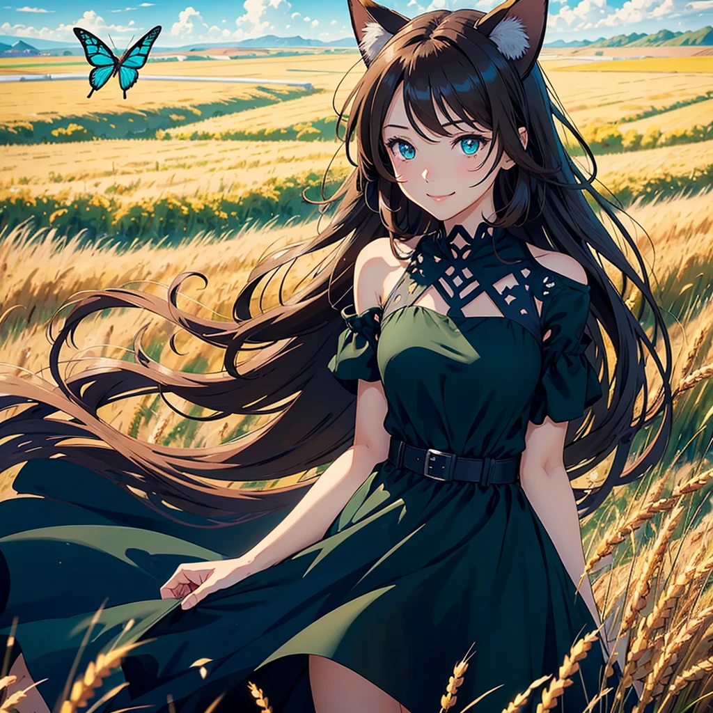 Draw an anime woman smiling with shoulder-length brown hair. She has brown cat ears. She has one green eye and one blue eye. She is wearing a black dress. She is standing in a beautiful wheat field in summer. Bright blue sky with clouds. Beautiful nature. Masterpiece. 8 K. High resolution. Perfect anatomy. Atmospheric summer picture. Butterflies flying around.