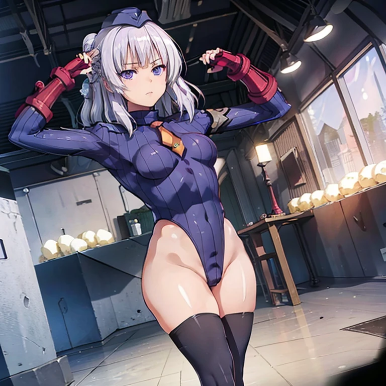 ultra-detailed, Explicit, Beautiful body, Beautiful Nose, Beautiful character design, perfect eyes, perfect face, ultra highres, 4K, beautiful legs, perfect legs, perfect anatomy, Nice hands, Perfect hand, Masterpiece, Best Quality, Highly detailed, illustration, absurdres, street fighter, doll suit, shadaloo doll, dollsuit, expressionless, blank eyes, looking at viewer, red gloves, emotionless, black latex, corrution, mind control, female combatant, full body, hypnotized, unhappy trance, full body suit, ribbed bodysuit, both arms at side, obey, perfect female body, extremely glossy latex, hypnosis, hypnoLora, empty eyes, Mind control device, poses, submissive_pose, Slave, hat, necktie, stand up straight, standing, standing at attention, hat, necktie, belt, latex, ribbed bodysuit, thighhighs, Fighting Stance, military, thigh boots, 1girl, solo, Sakayanagi Arisu, Classroom of the Elite, staff, white hair, purple eyes, medium hair, braids, hair ornaments