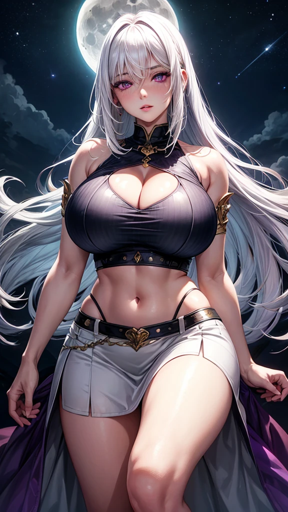 realistic, 1girl, white hair, purple eyes, glowing eyes, revealing crop top, skirt, wide hips, huge breasts, parted lips, blush, night, moon, moonlight