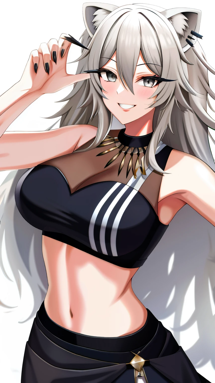 absurdres, highres, best quality,  Botan, black top, fur-trim, oionlion ears, messy hair, skirt, messy hair, grey eyes, grey hair, long hair, black nails, sharp nails, dynamic pose, sexy pose, seductively smile,