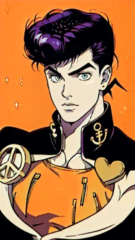 (best quality,ultra-detailed),(realistic:1.37),Higashikata Josuke,pompadour,handsome detailed face,sharp eyes,beautiful detailed lips,stunning school uniform,deep purple clothes,golden brooches,wide trousers,dynamic pose cool,white background,stylish hairstyle,expressive facial features,vibrant colors,shiny shoes,confident attitude,jojo's bizarre adventure art style,,(josukejojo:1.2), pompadour haircut,sejas prominente,ojos color azul, uniforme escolar japones, color púrpura, broches de oro, anatomía Atlética,dramatic lighting,street culture,pop art influence, Pixiv art style,Vintage Movie Poster Style,motocicle