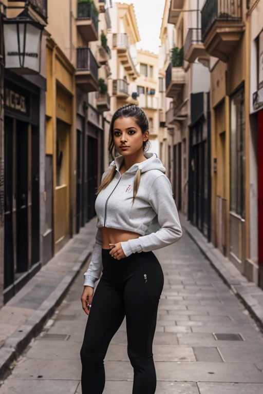32K Fotografia de una mujer con leggins y chaqueta de cuero sin ropa interior, tomada en cualquier calle de Valencia, Spain in broad daylight