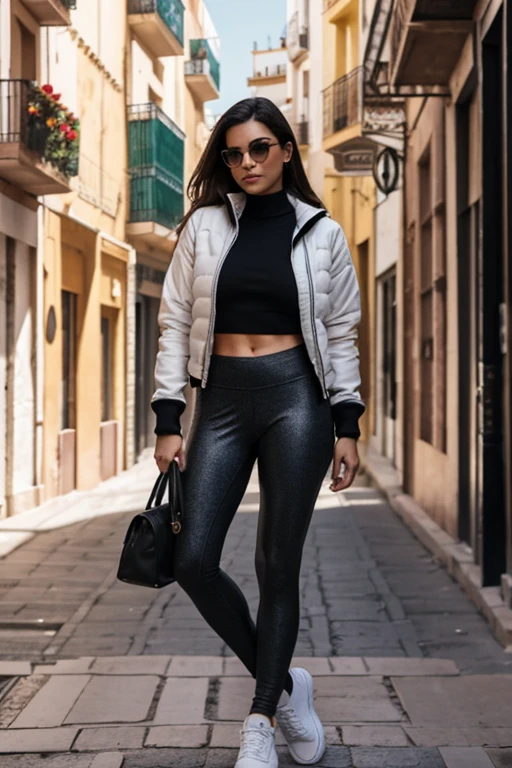 32K Fotografia de una mujer con leggins y chaqueta de cuero sin ropa interior, tomada en cualquier calle de Valencia, Spain in broad daylight