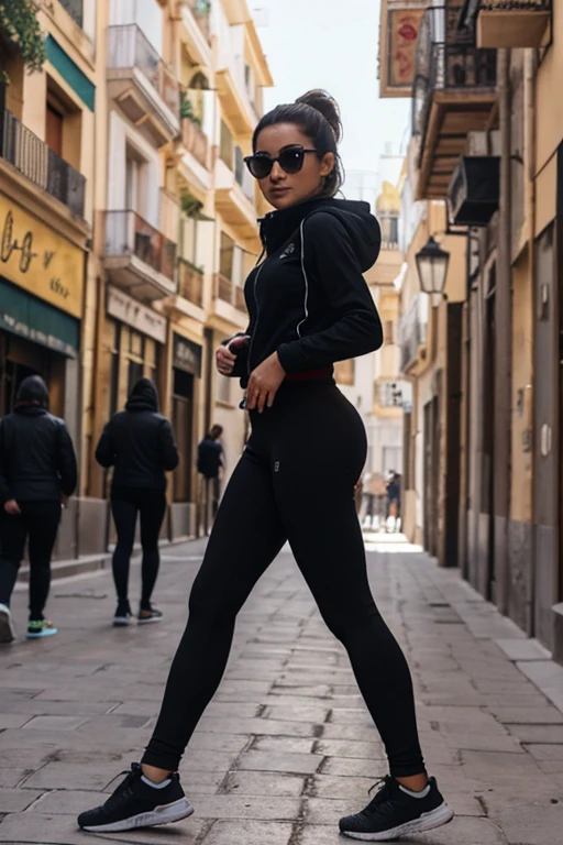 32K Fotografia de una mujer con leggins y chaqueta de cuero sin ropa interior, tomada en cualquier calle de Valencia, Spain in broad daylight