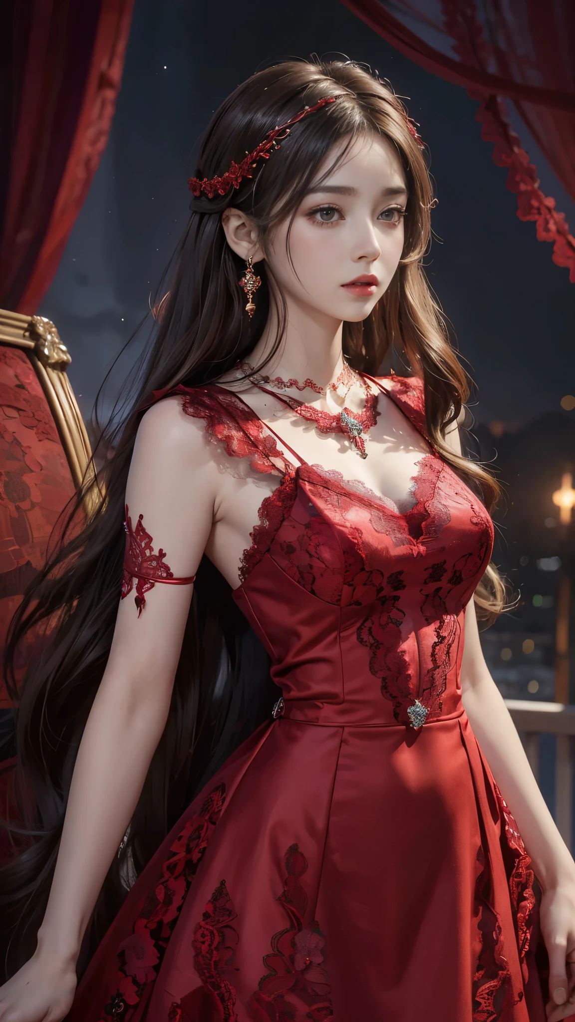 photorealistic, high resolution, soft light,1women, solo, hips up, look at viewer, (detailed face), long hair, blonde hair, Beautiful girl, red wedding princess dress, tattoo, jewelry