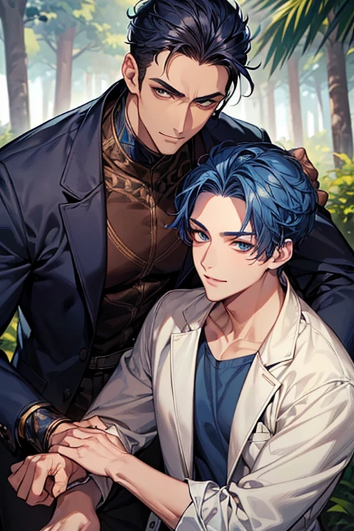 ((muste piece)), ((best quality)), ((brown skin)), ((dark blue eyes)), ((Dark blue hair))、handsome man , ((very very short hair、No bangs、Forehead)), masculine、tall、sexy、Adult man、Three white eyes、handsome man、Kowamote、firmly、muscular、broad shoulders、fearless smile、all back、wild、とてもwild、Tree eyes
