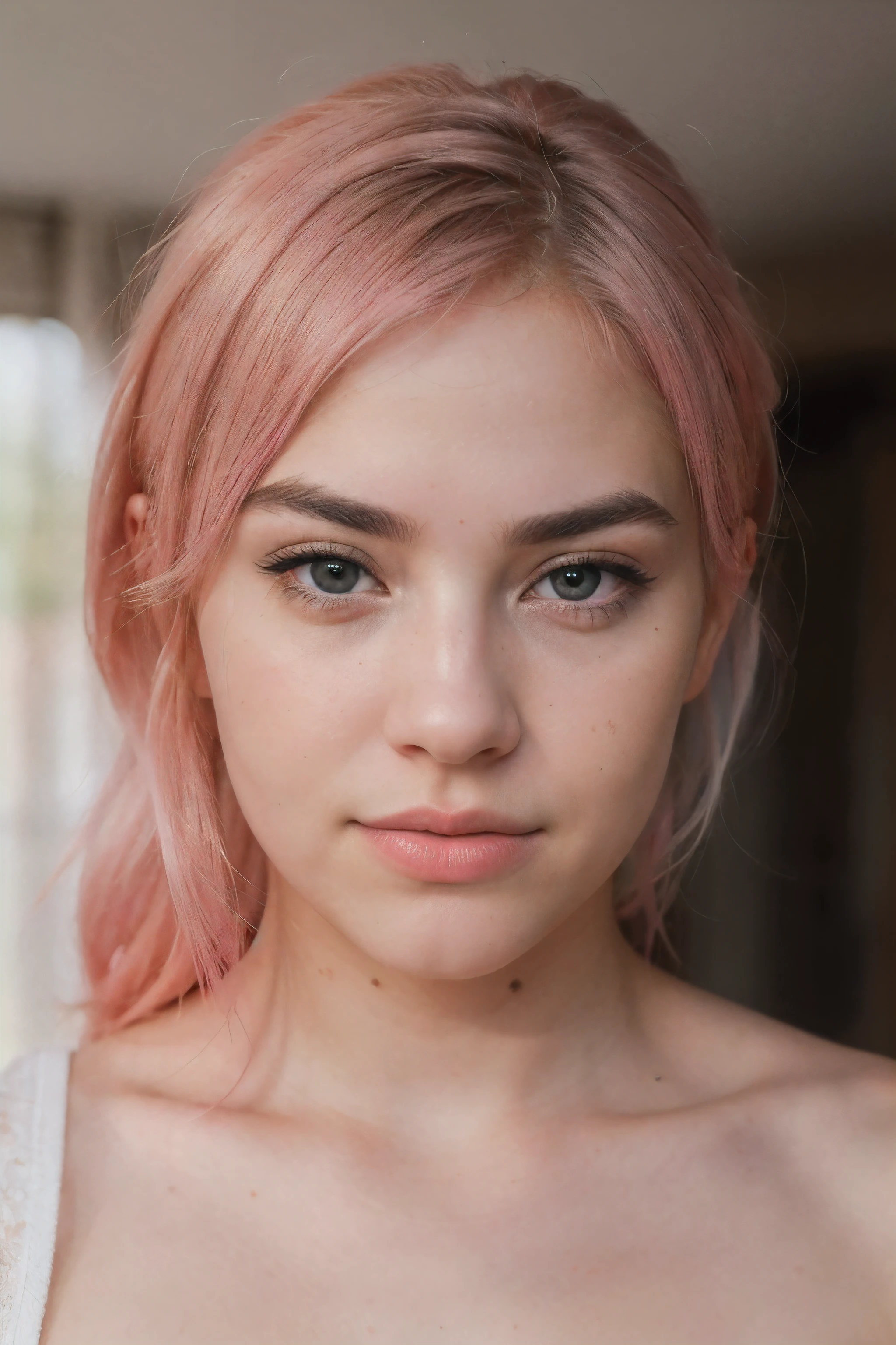 raw uhd portrait mode of a 23 year old pink hair pastel colored soft lights, (8k, RAW photo, best quality, masterpiece:1.2), (realistic:1.hotorealistic:1.3), bright eyes with ultra level of details staring into the camera, (high detailed skin:1.2), 8k uhd, dslr, high quality, film grain, Fujifilm XT3, best quality, beautiful lighting, portrait, a bit of skin imperfection, hyper realistic face, full lips, Italian, full eyebrows