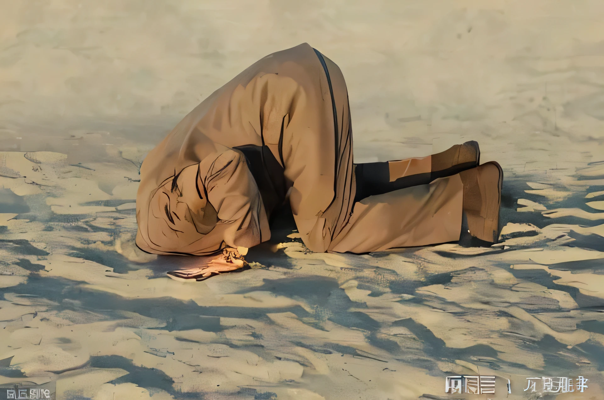 一个男人，头埋在沙子里. attention to detail, vibrant colors, swirling galaxies, realistic rocket, ethereal jellyfish, shooting stars, dreamy atmosphere, space exploration, cute and whimsical art, digital artwork, cozy and calm, celestial wonders, tranquil setting, captivating composition, masterful stroke, seamless blending, mesmerizing beauty, luminous celestial bodies, cosmic adventure, serene and peaceful, breathtaking cosmic landscapes, immersive experience, imaginative storytelling, otherworldly charm, meditative journey, enchanting visual narrative, boundless creativity.