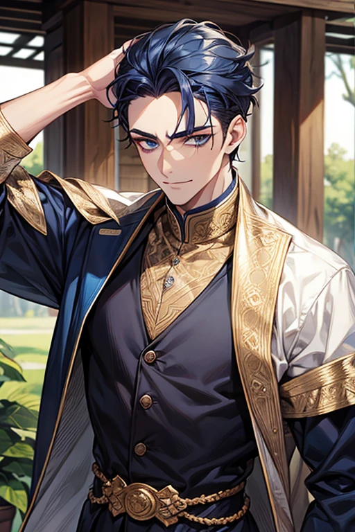 ((muste piece)), ((best quality)), ((brown skin)), ((dark blue eyes)), ((Dark blue hair))、handsome man , ((very very short hair、No bangs、Forehead)), masculine、tall、sexy、Adult man、Three white eyes、handsome man、Kowamote、firmly、muscular、broad shoulders、nihilistic smile、all back、wild、とてもwild、Tree eyes