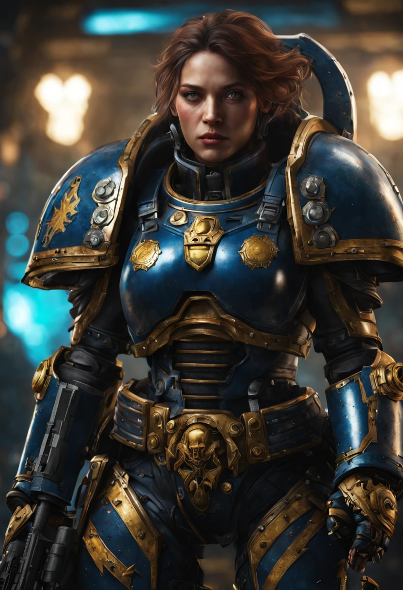 Woman in Space Marine armor, from the Warhammer universe, Head of the Space Marines, Space Marine armor from Warhammer Space Marines Chapter, wallpaper, ((full-length)), ((Full-length:1.5)) HDR, high definition, extremely detailed, {beautiful detailed face}, {beautiful detailed eyes}, (detailed light){{intricate detail} }, {high definition}, extremely detailed, neon light, key visual element, intricate details, highly detailed, breathtaking, bright, cinematic movie, chiaroscuro, depth of field, ray tracing, atmospheric perspective, Verism, high quality, UHD, masterpiece, ccurate, anatomically correct