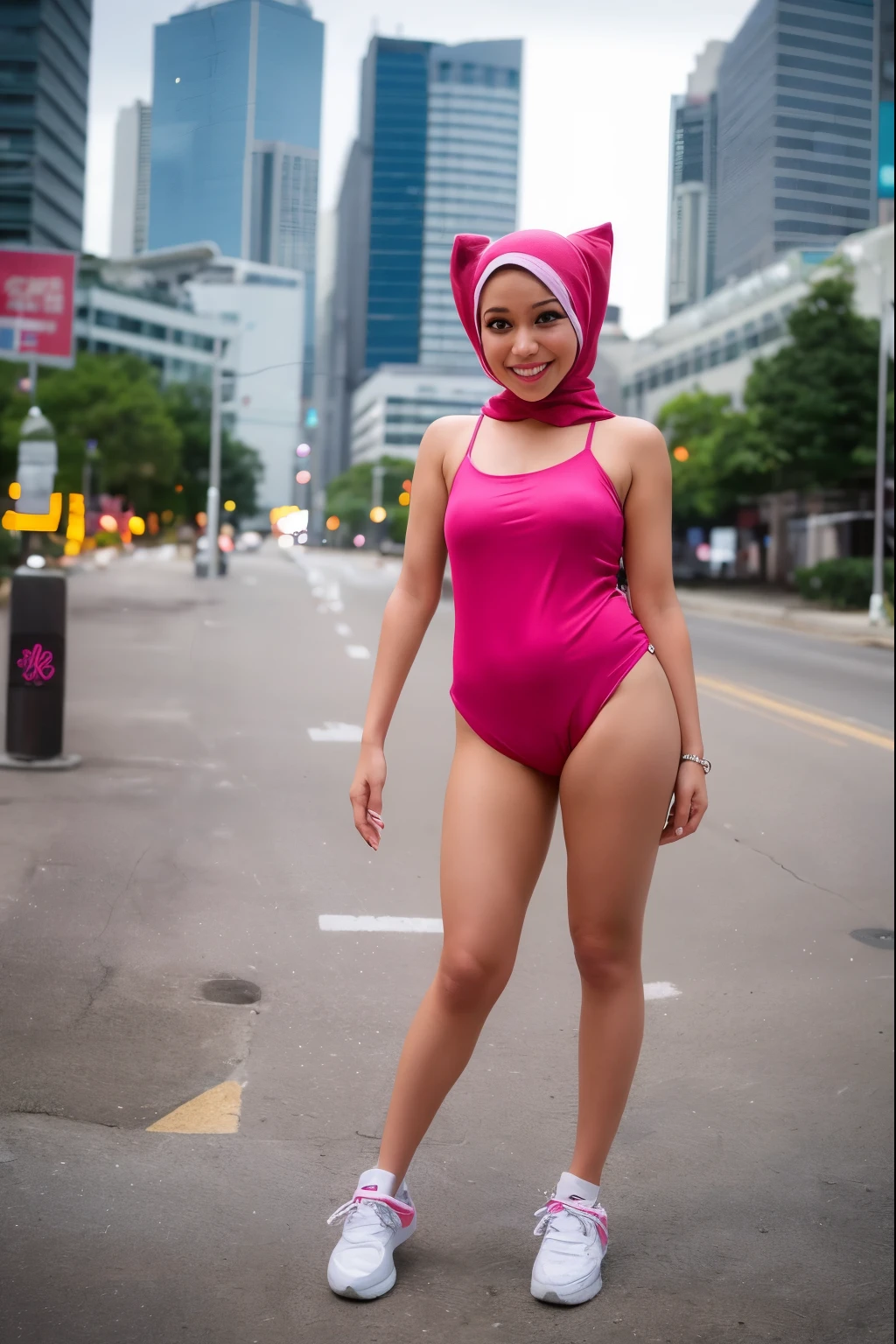 Hijab smile, Mak Milah is 32 years old, very skinny and naked in the middle of the city of Kuala Lumpur , (bokeh), net stockings , hello Kitty Sneakers 