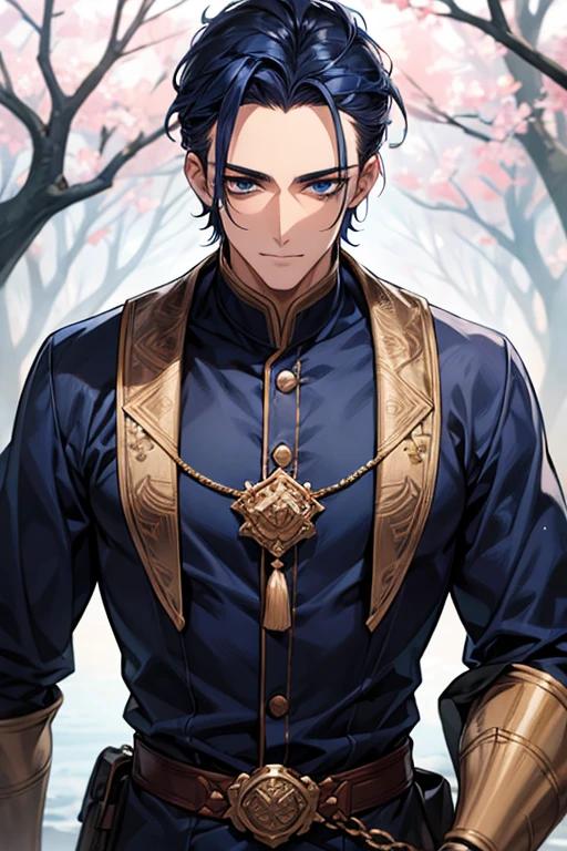 ((muste piece)), ((best quality)), ((brown skin)), ((dark blue eyes)), ((Dark blue hair))、handsome man , ((very very short hair、No bangs、Forehead)), masculine、tall、sexy、Adult man、Three white eyes、handsome man、Kowamote、firmly、muscular、broad shoulders、nihilistic smile、all back、wild、とてもwild、Tree eyes