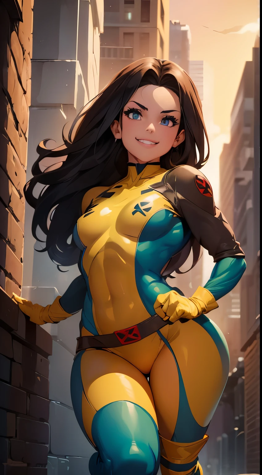 (Mejor calidad,8K,ultra detallado),(illustration,comic), Black WOLVERINE woman SHOWS her claws in tiny X-MAN UNIFORM with very small breasts and a mischievous smile,cuerpo mojado,pelo largo, dark fantasy,colores vibrantes,Renderizado 3D,pintura