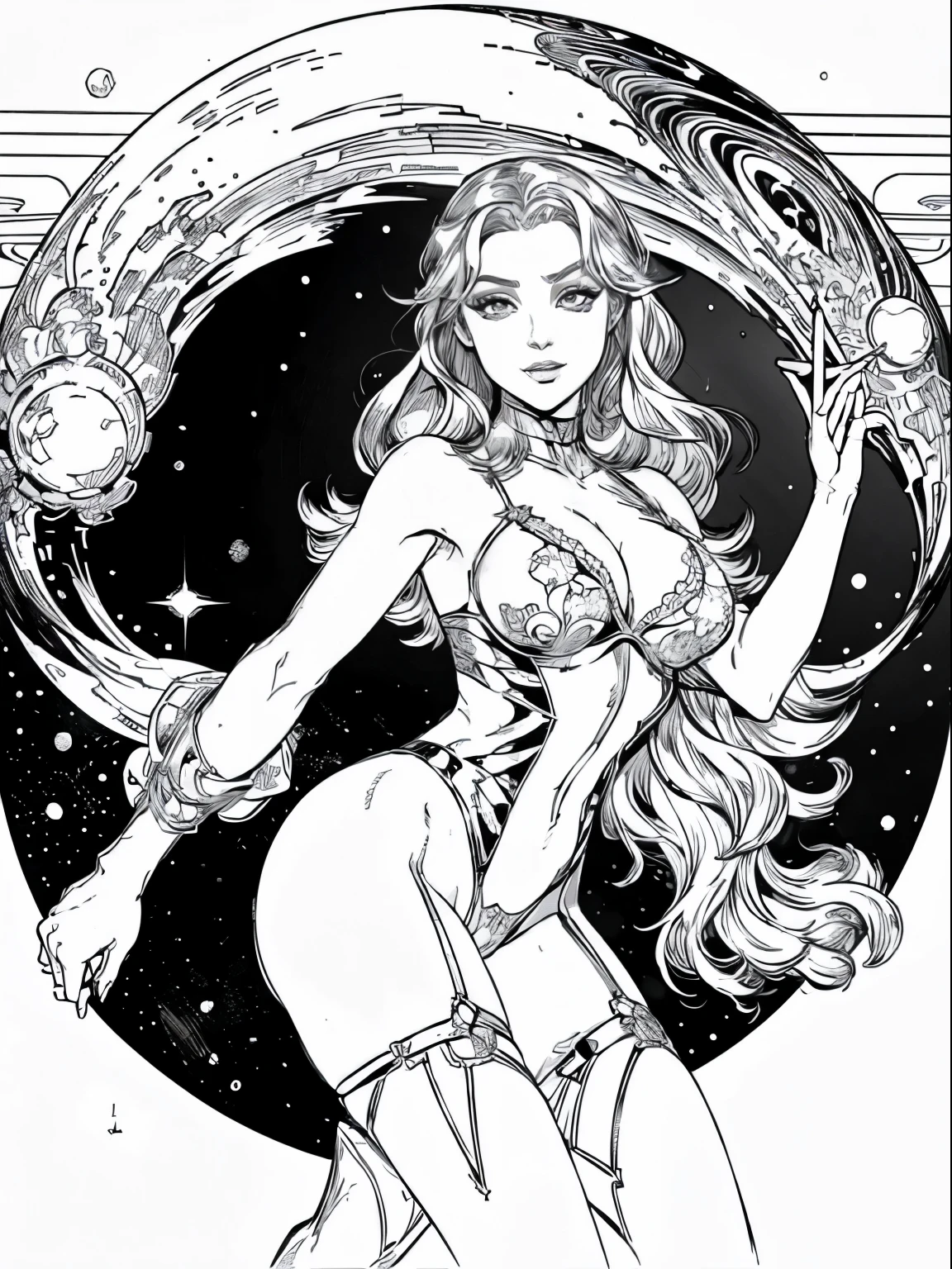 Full body shot adult colouring book, no detail, outline no colour, fill frame, clipart white background an ultra hot gorgeous european woman, age 23, she’s a men magazine model, she’s a playmate. She a futuristic warrior, wears sheer lace lingerie, high detail adult coloring book page thin black lines white background, Milo Manara style, no shading, b/w image, clean line art, no color,clean simple lineart, vector, space planet background