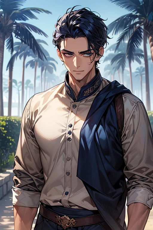 ((muste piece)), ((best quality)), ((brown skin)), ((dark blue eyes)), ((Dark blue hair))、handsome man , ((very very short hair、No bangs、Forehead)), masculine、tall、sexy、Adult man、Three white eyes、handsome man、Kowamote、firmly、muscular、broad shoulders、burst into laughter、all back、wild、とてもwild、Tree eyes