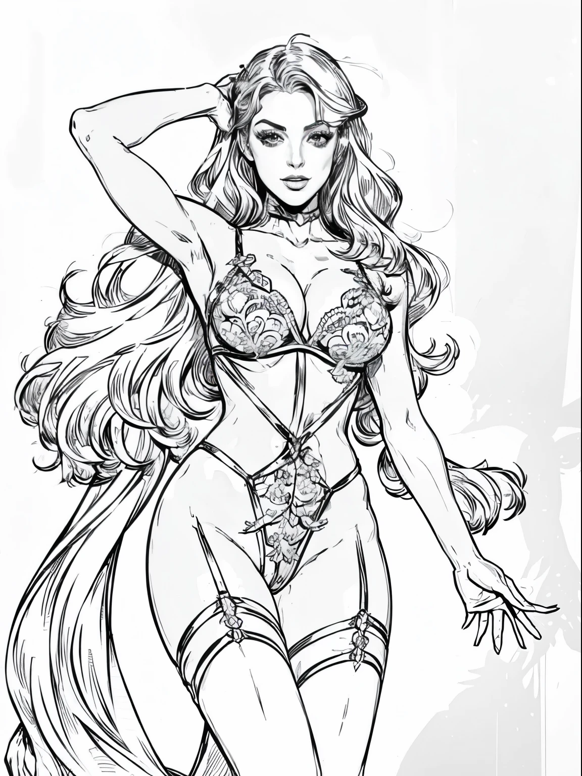 Full body shot adult colouring book, no detail, outline no colour, fill frame, clipart white background an ultra hot gorgeous european woman, age 23, she’s a men magazine model, she’s a playmate. She a futuristic warrior, sexy suggestive pose, wears sheer lace lingerie, high detail adult coloring book page thin black lines white background, Milo Manara style, no shading, b/w image, clean line art, no color,clean simple lineart, vector