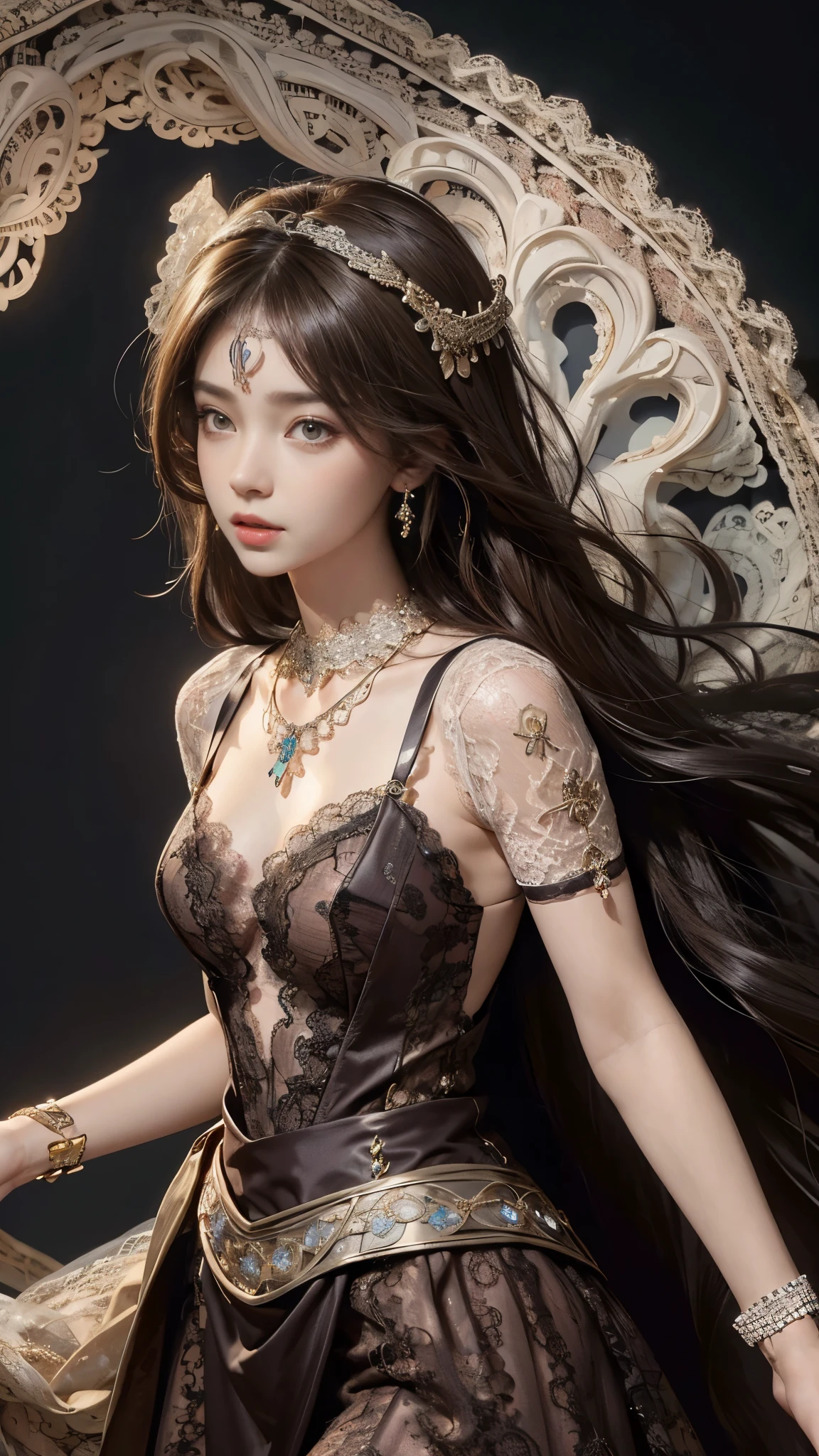 8K, ultra HD, Masterpiece, 1 girl, good face, very long hair, spreading hair, detailed eyes, lovely lips, shining brown dress, decorated dress, strap dress, bare waist, (lace:1.5), (jewellery:1.5), night background,