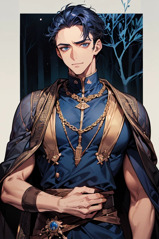 ((muste piece)), ((best quality)), ((brown skin)), ((dark blue eyes)), ((Dark blue hair))、handsome man , ((very very short hair、No bangs、Forehead)), masculine、tall、sexy、Adult man、Three white eyes、handsome man、Kowamote、firmly、muscular、broad shoulders、burst into laughter、all back、wild、とてもwild、Tree eyes