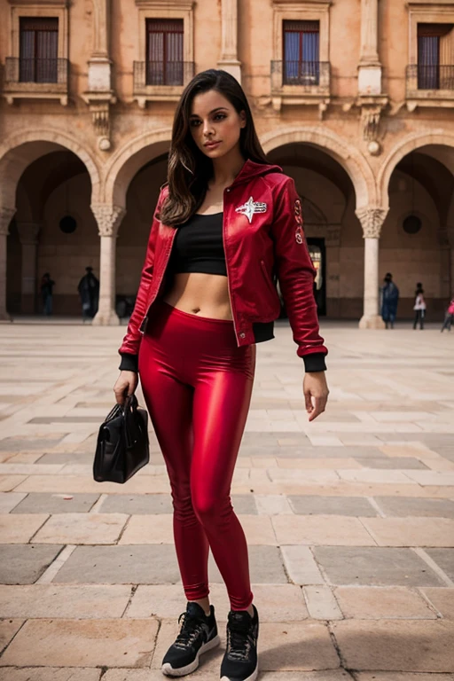 32K Fotografia de una mujer con leggins rojos y chaqueta de cuero roja sin ropa interior, sin sujetador, tomada en la plaza de la virgen de Valencia, Spain in broad daylight