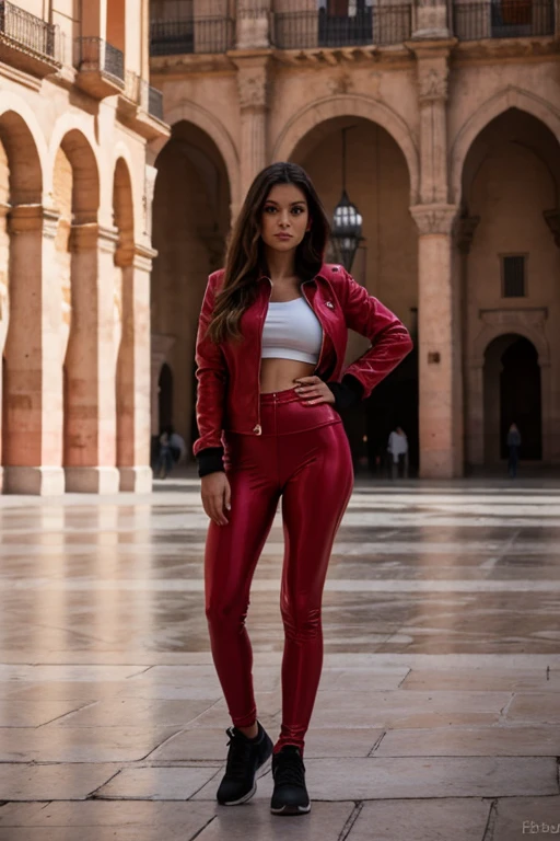 32K Fotografia de una mujer con leggins rojos y chaqueta de cuero roja sin ropa interior, sin sujetador, tomada en la plaza de la virgen de Valencia, Spain in broad daylight